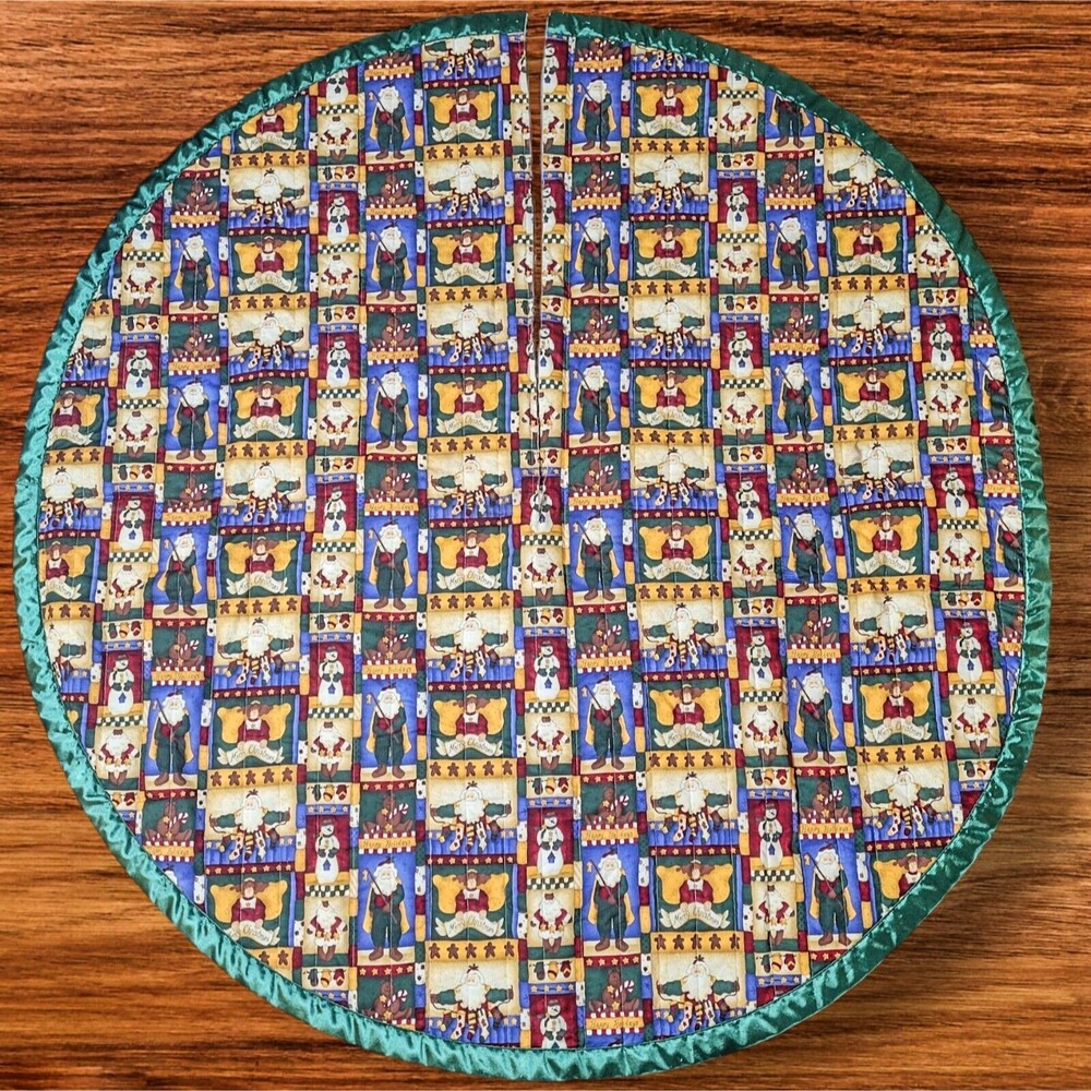 Vintage Christmas Tree Skirt Santa Angels Snowmen Green Red 58" Handmade Large